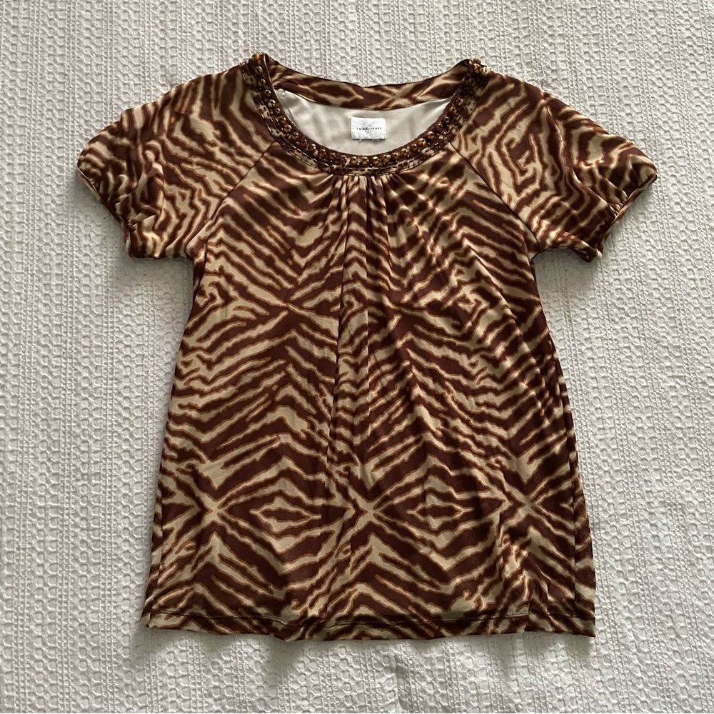 Vintage 2000s brown and tan tiger print blouse with beads and sequins